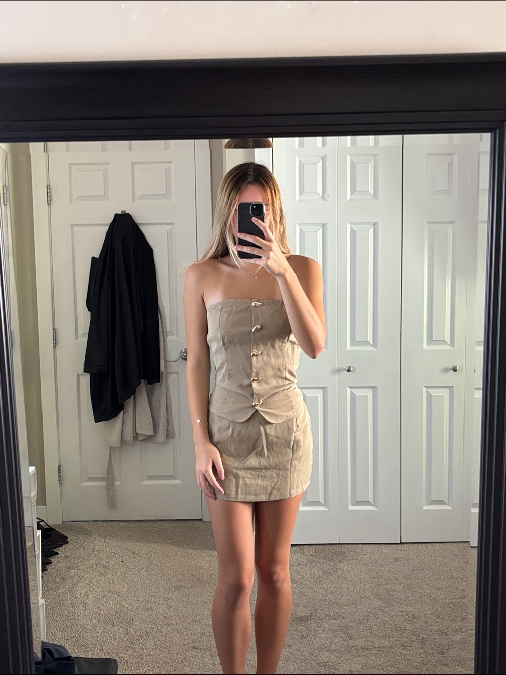Strapless Taupe Mini Dress with Button Front